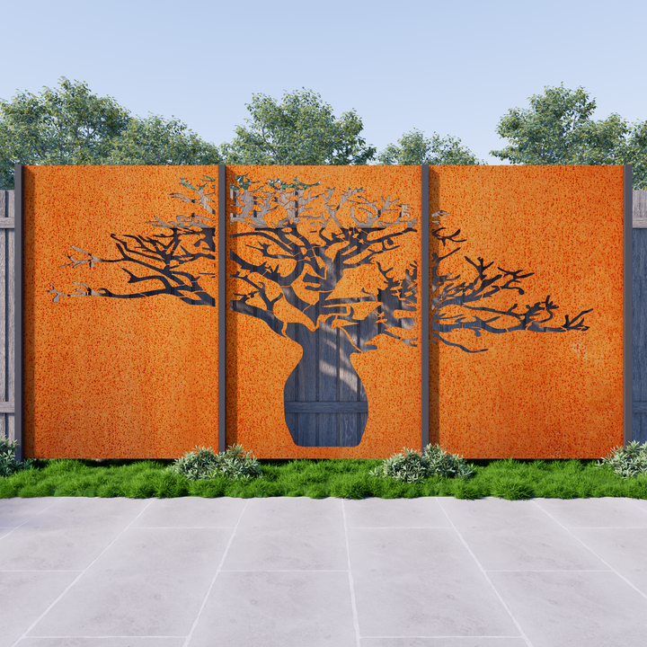 Tree Trunk Privacy Panel Boab Tree (3 panels) Privacy Garden Screen – Metal Decor Aus