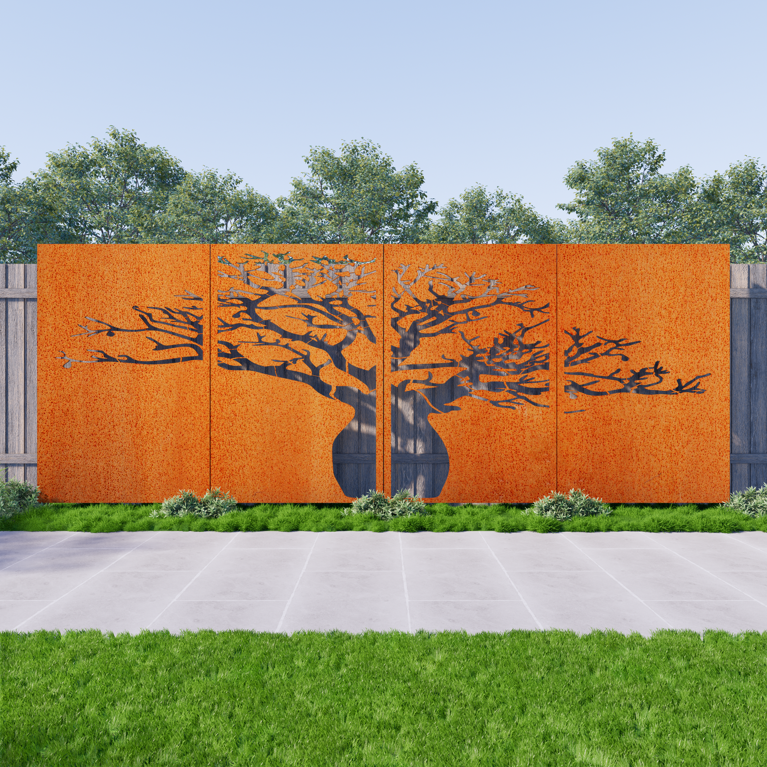 Tree Trunk Privacy Panel Boab Tree Corten Steel Privacy Screen (4 Panels) - Premium Outdoor ...